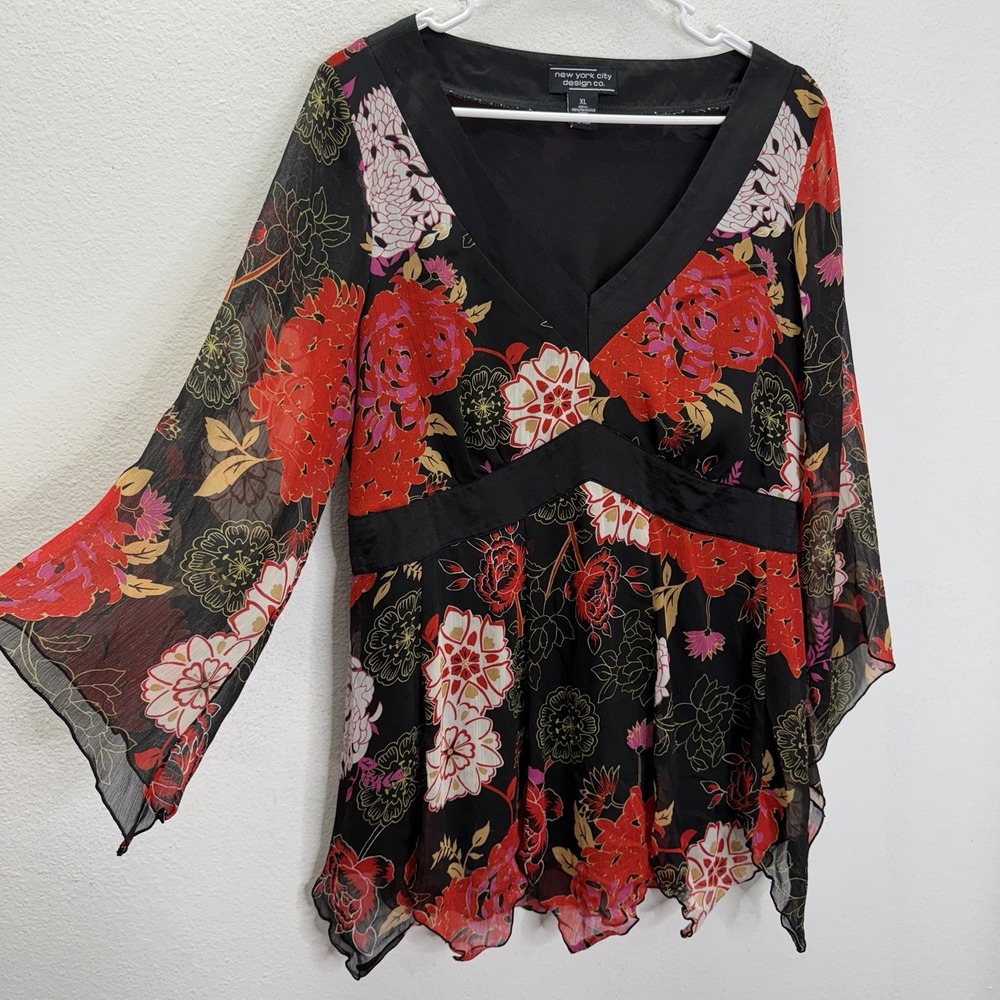 Y2K New York City Design Co Top Sz XL Babydoll Bell Sleeve Floral Whimsigoth